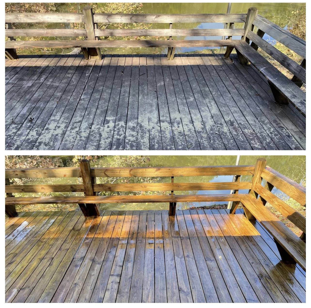 Comparison of a weathered, gray wooden dock with peeling paint in the top image and the same dock after being cleaned and stained in the bottom image, overlooking a pond.
