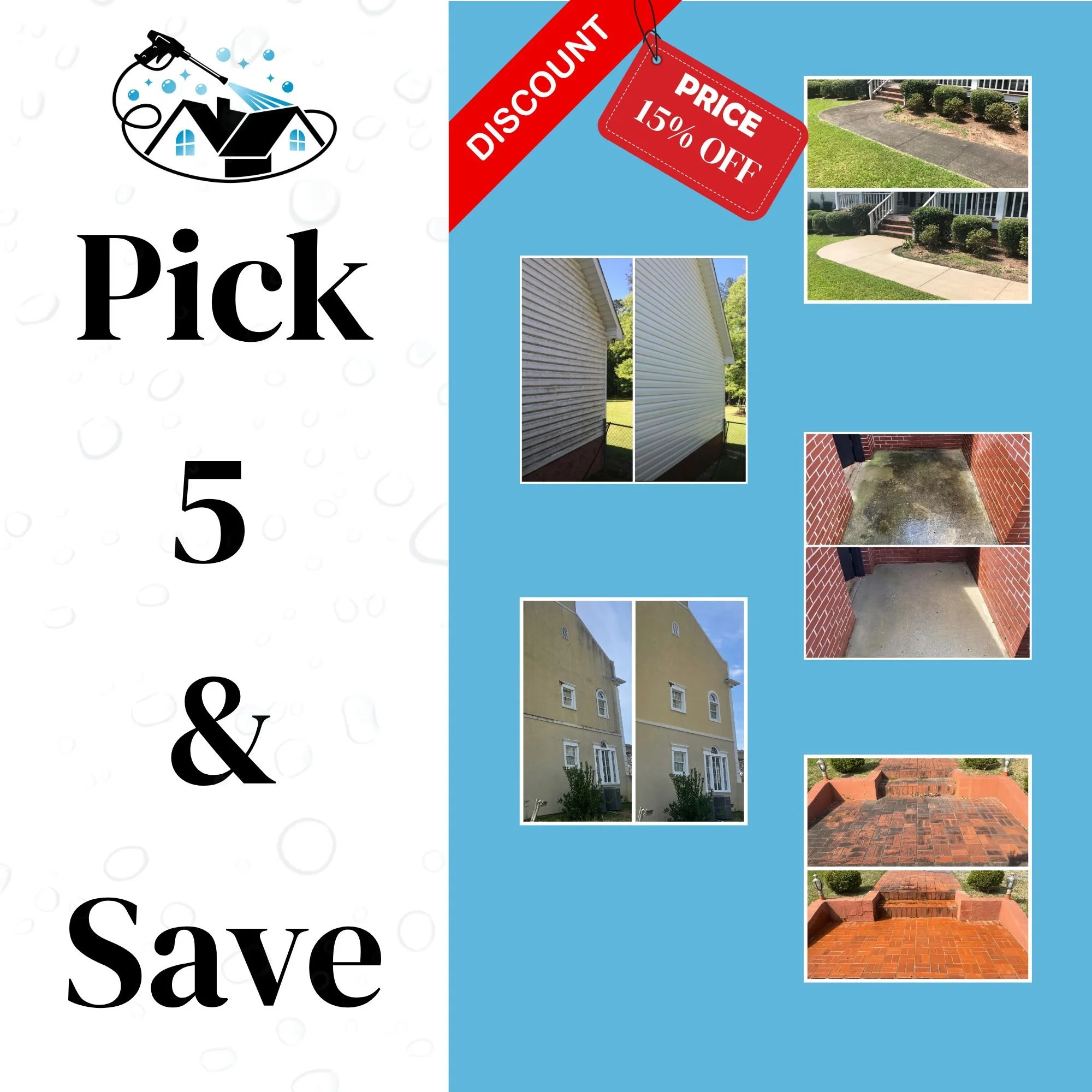 A promotional flyer for a house cleaning service called 'Pick & Save' featuring a logo with a house and water spray, a red discount tag offering 15% off, and photos of house exteriors, including siding, brick, and walkway cleaning, on a blue background.