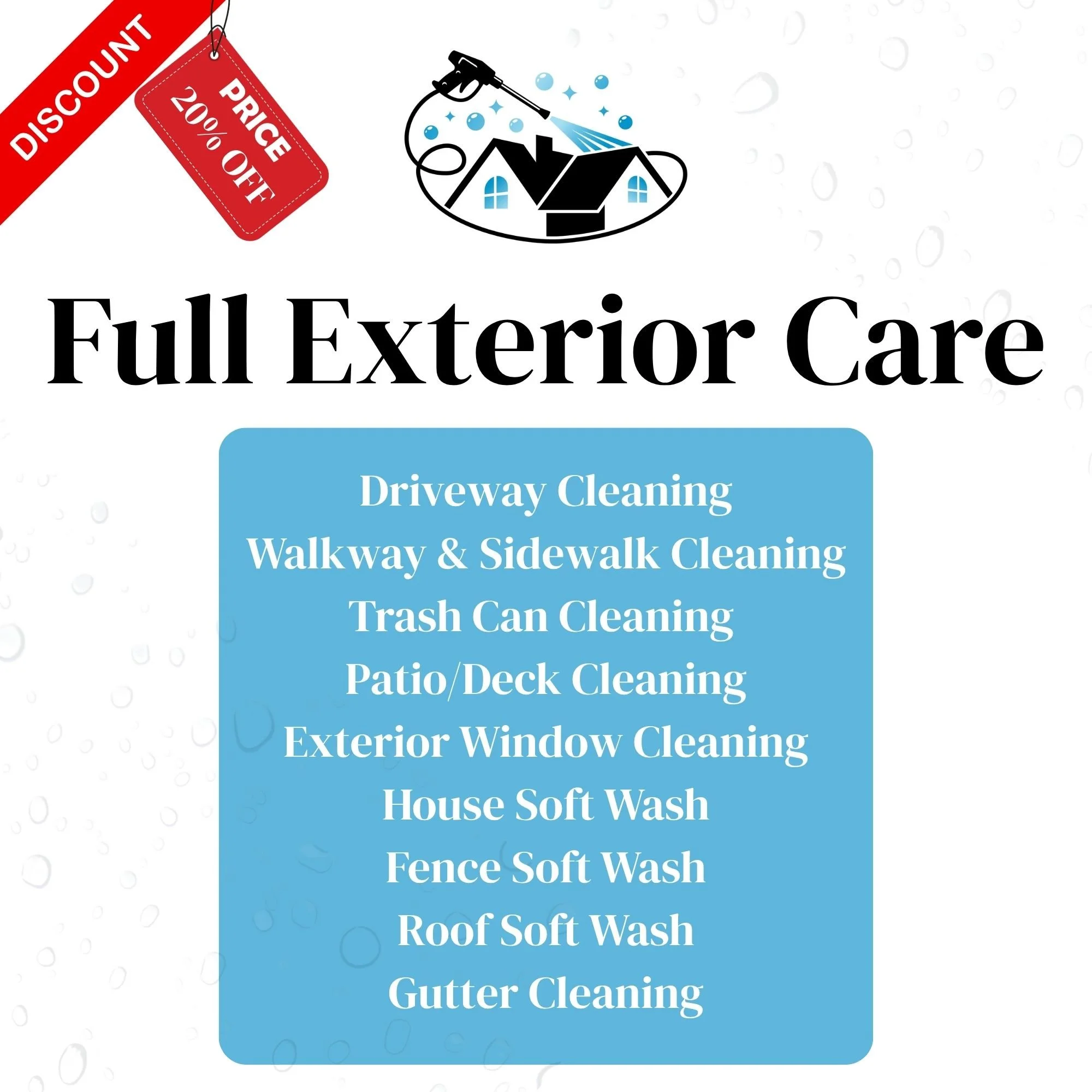 Cleaning service advertisement with a house illustration and a red discount tag, offering full exterior and gutter cleaning services.