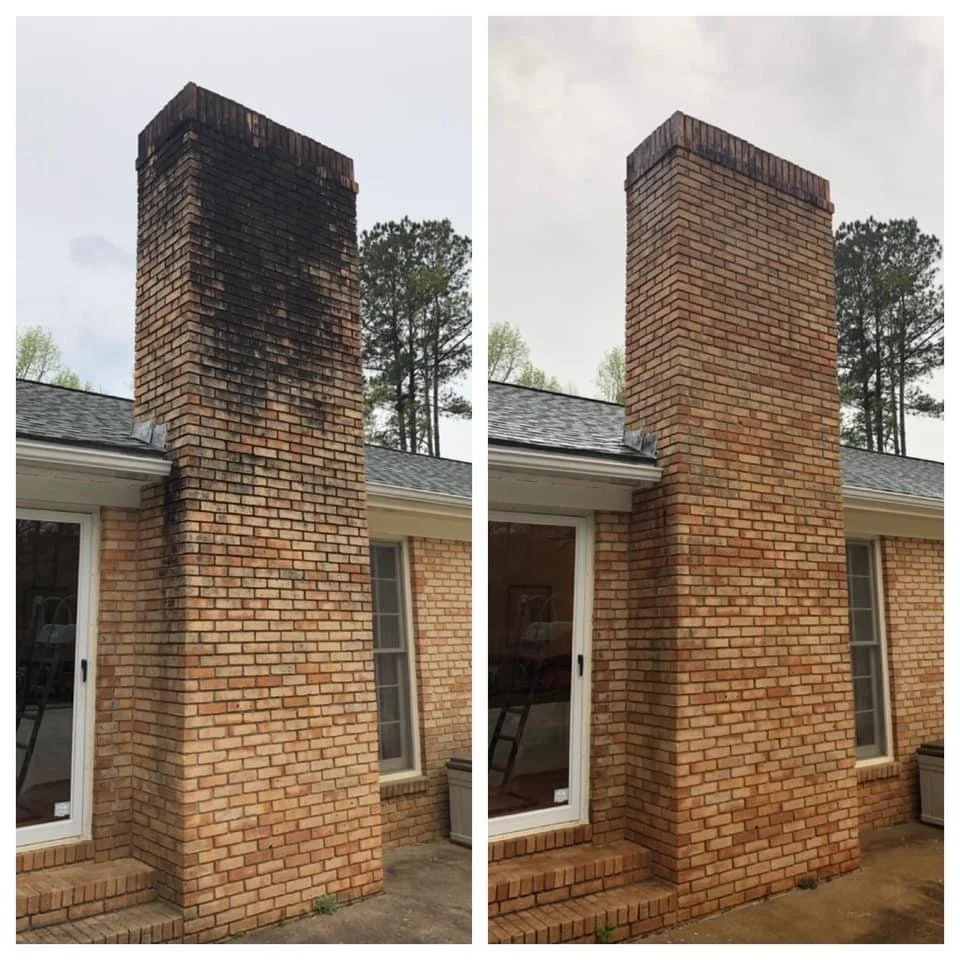 Comparison of a brick chimney before and after cleaning; the left side shows a chimney with black soot stains and grime, while the right side shows a clean brick chimney.