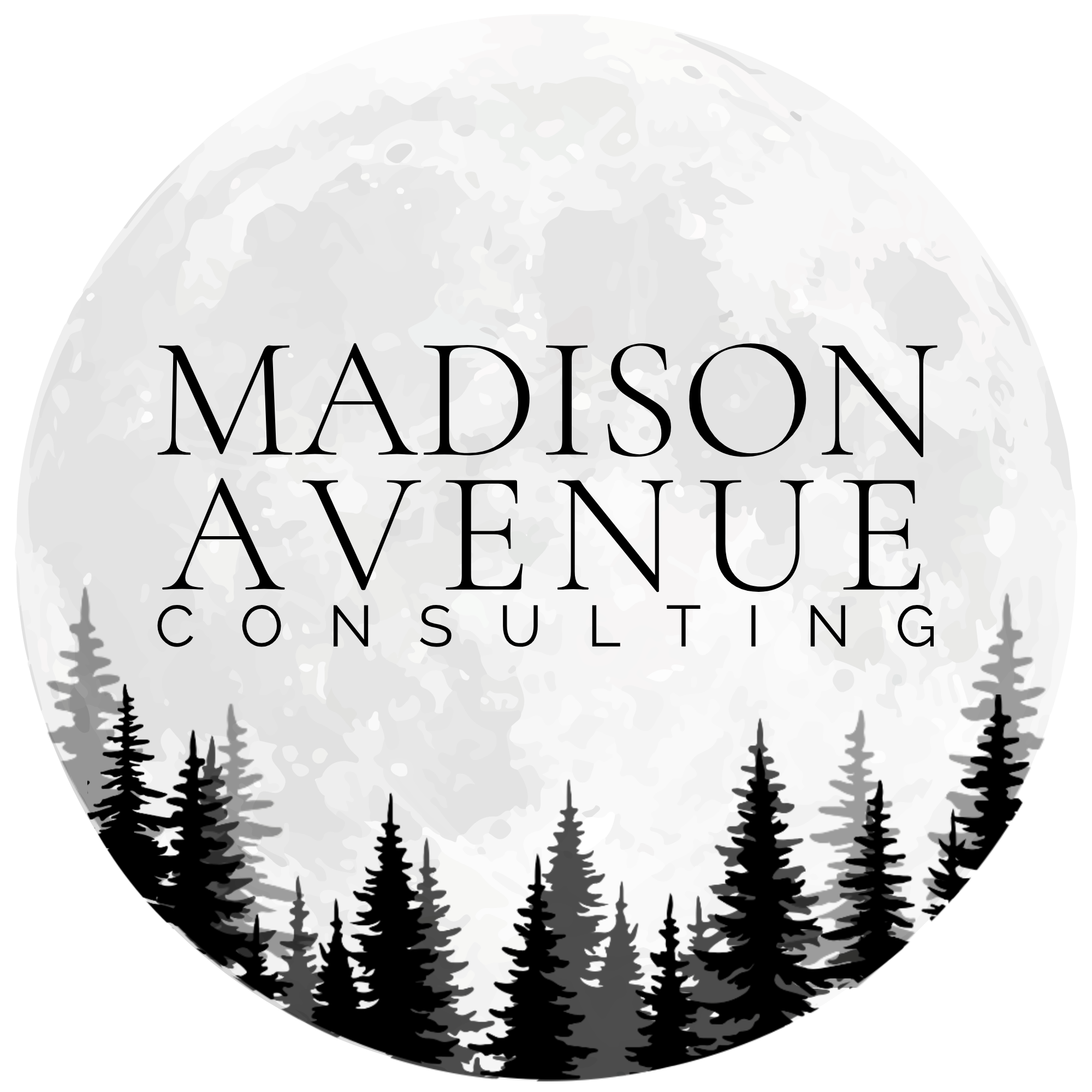 A stylized black-and-white illustration of the moon with a forest silhouette at the bottom, and the text 'Madison Avenue Consulting' overlaid on the moon.