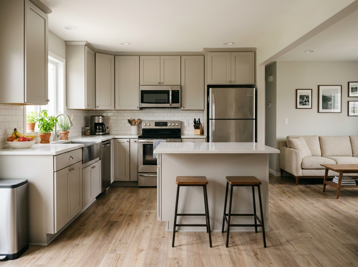 Modern kitchen with light gray cabinets, stainless steel appliances, a white island with two stools, and a living room with a beige sofa and framed pictures on the wall.
