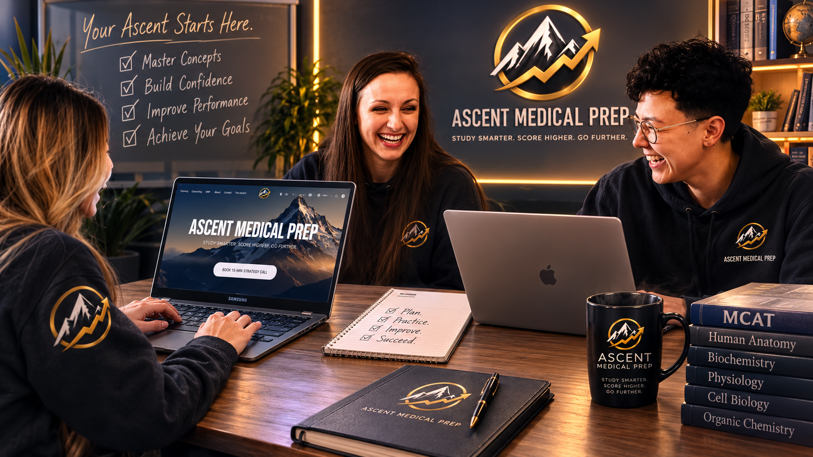 Group of three students studying together at a wooden table in a classroom, with laptops, books on medical subjects, and a notebook. They are wearing black hoodies with a mountain and arrow logo of Ascent Medical Prep. Behind them is a dark wall with a large illuminated logo and a motivational poster listing goals.