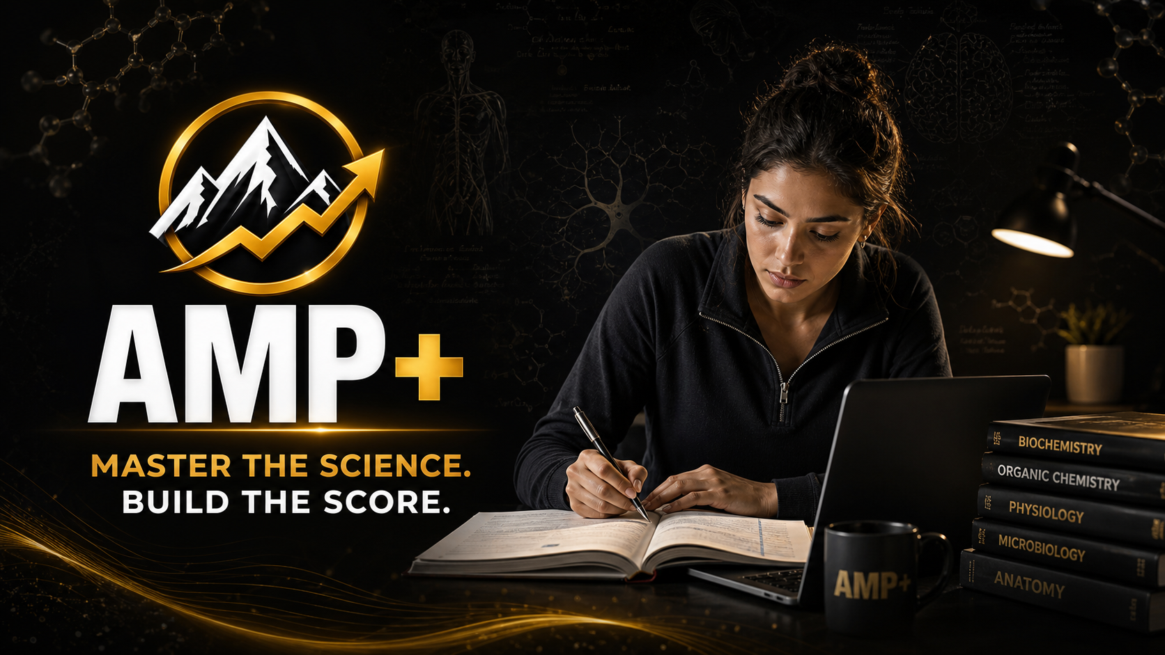 A woman studying at a desk with a laptop, notebooks, and a mug featuring the AMP+ logo. The background has scientific diagrams, and there is a prominent AMP+ logo with mountain peaks and an upward arrow. Text says "Master the Science. Build the Score."