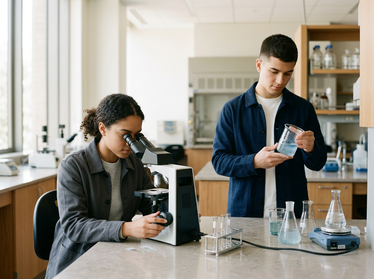 Two students working in a science laboratory. One girl looking through a microscope, and a boy holding a beaker with a clear liquid. The lab has shelves with glassware and scientific equipment.