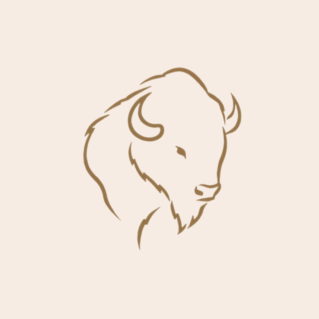 Line drawing of a bison's head in profile on a light beige background.