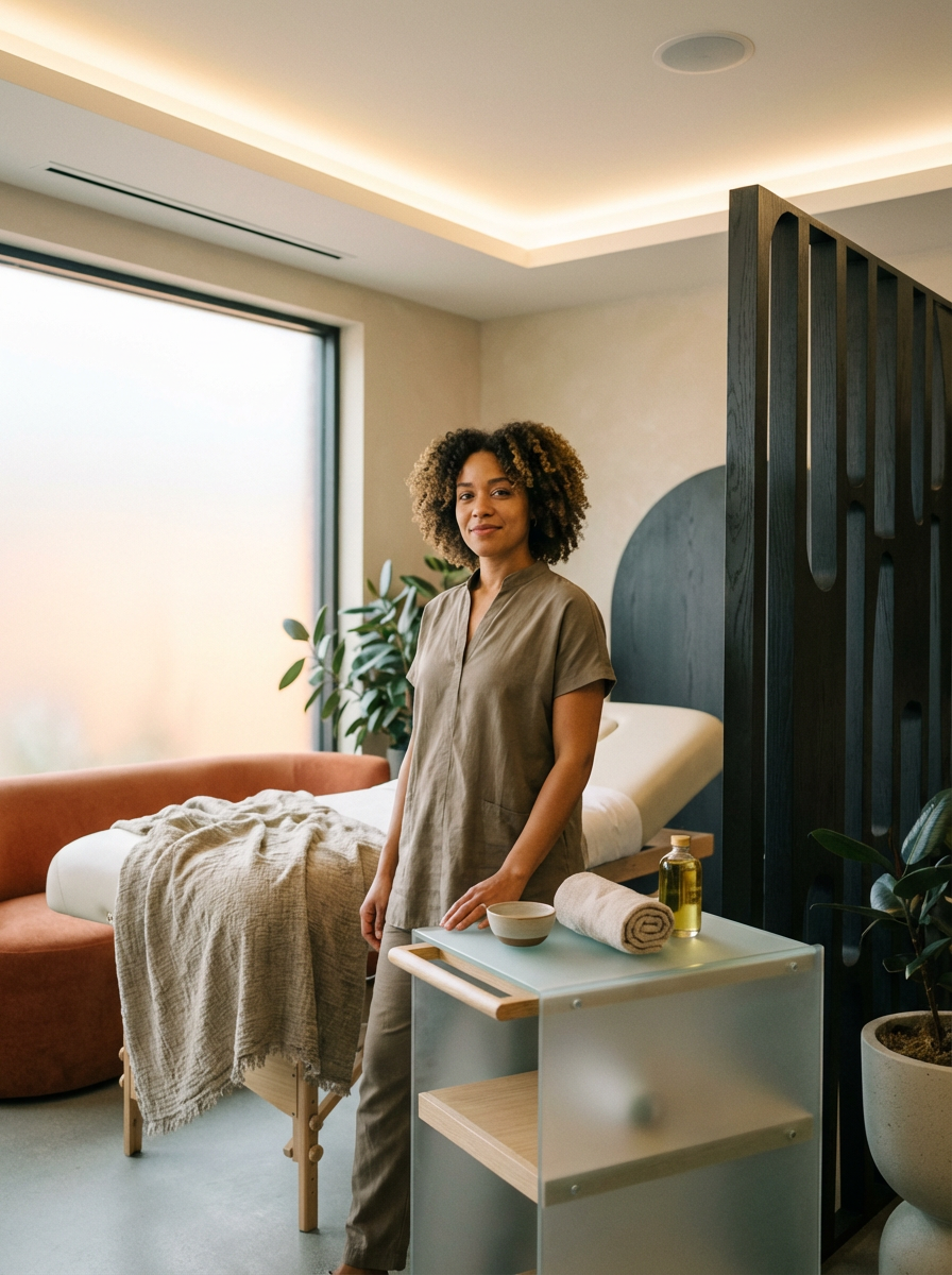 A woman in a spa room standing next to a massage table with a blanket, surrounded by plants and modern decor.
