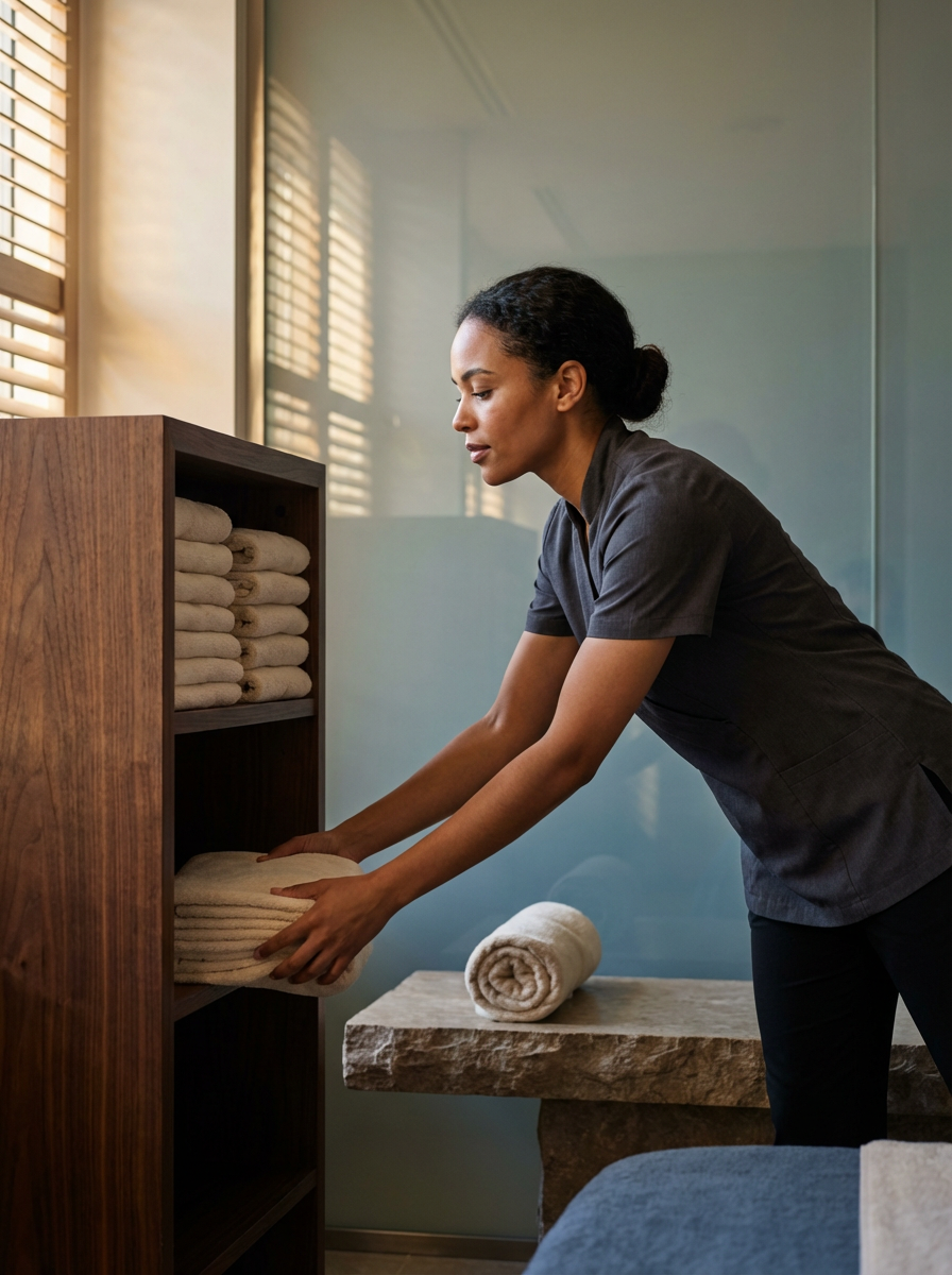 A woman in a black uniform folding towels in a well-lit spa or massage room with wooden shelves and rolled towels on a stone table