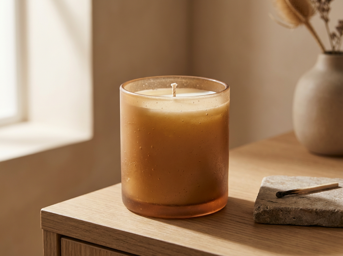 A lit candle in a frosted amber glass holder on a wooden surface, next to a stone slab with a matchstick, in a softly lit room.