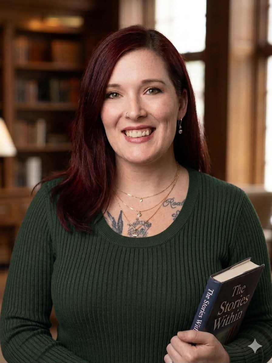 A woman with red hair, wearing a green ribbed sweater, holding a book titled 'The Stories Within,' standing in a room with bookshelves in the background.