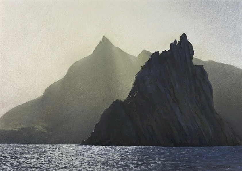A painting of a seascape with dark rocky cliffs in the foreground and misty mountains in the background.