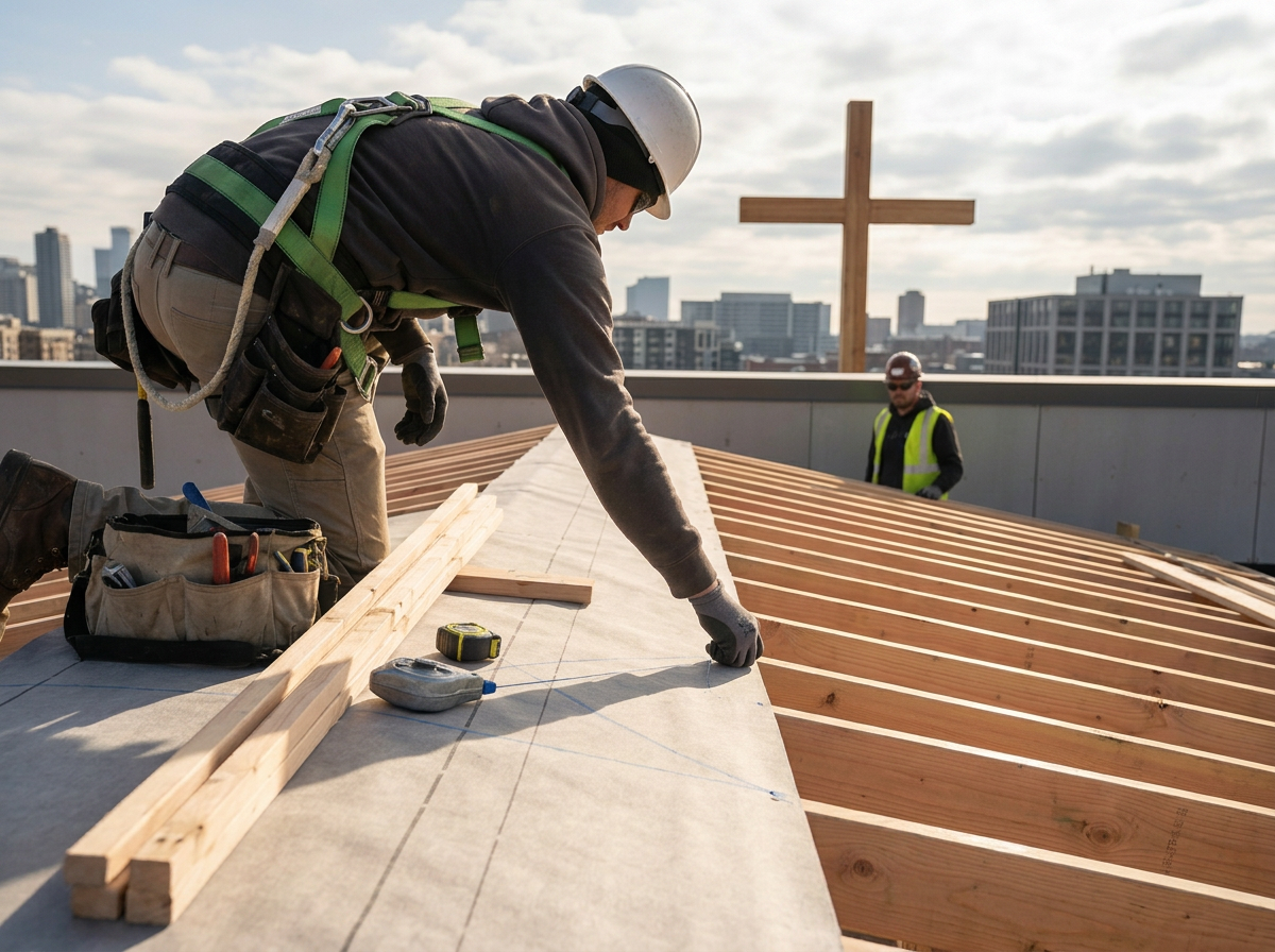 A construction worker installing roofing shingles on a rooftop with city buildings and a wooden cross in the background.