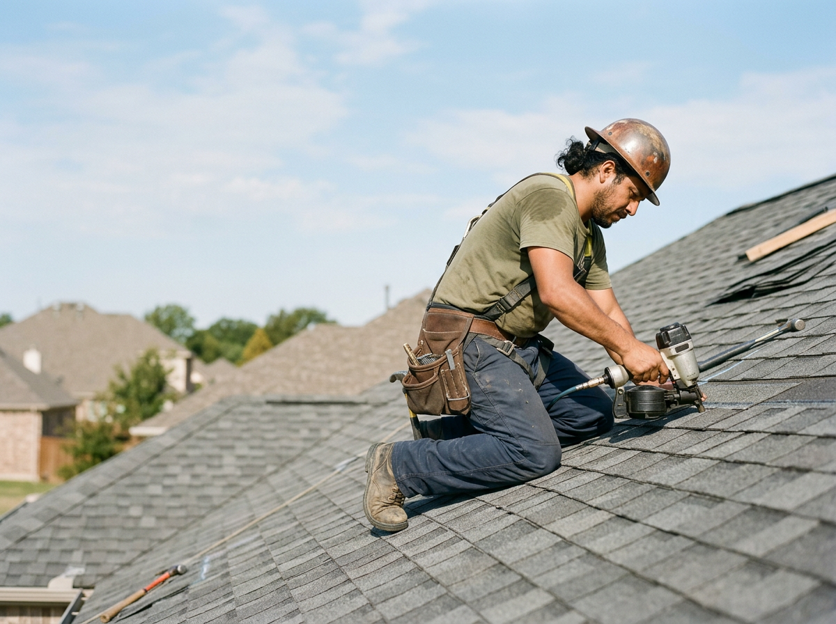 A man working on a roof, wearing a helmet and safety gear, using a power tool to repair shingles on a residential house.