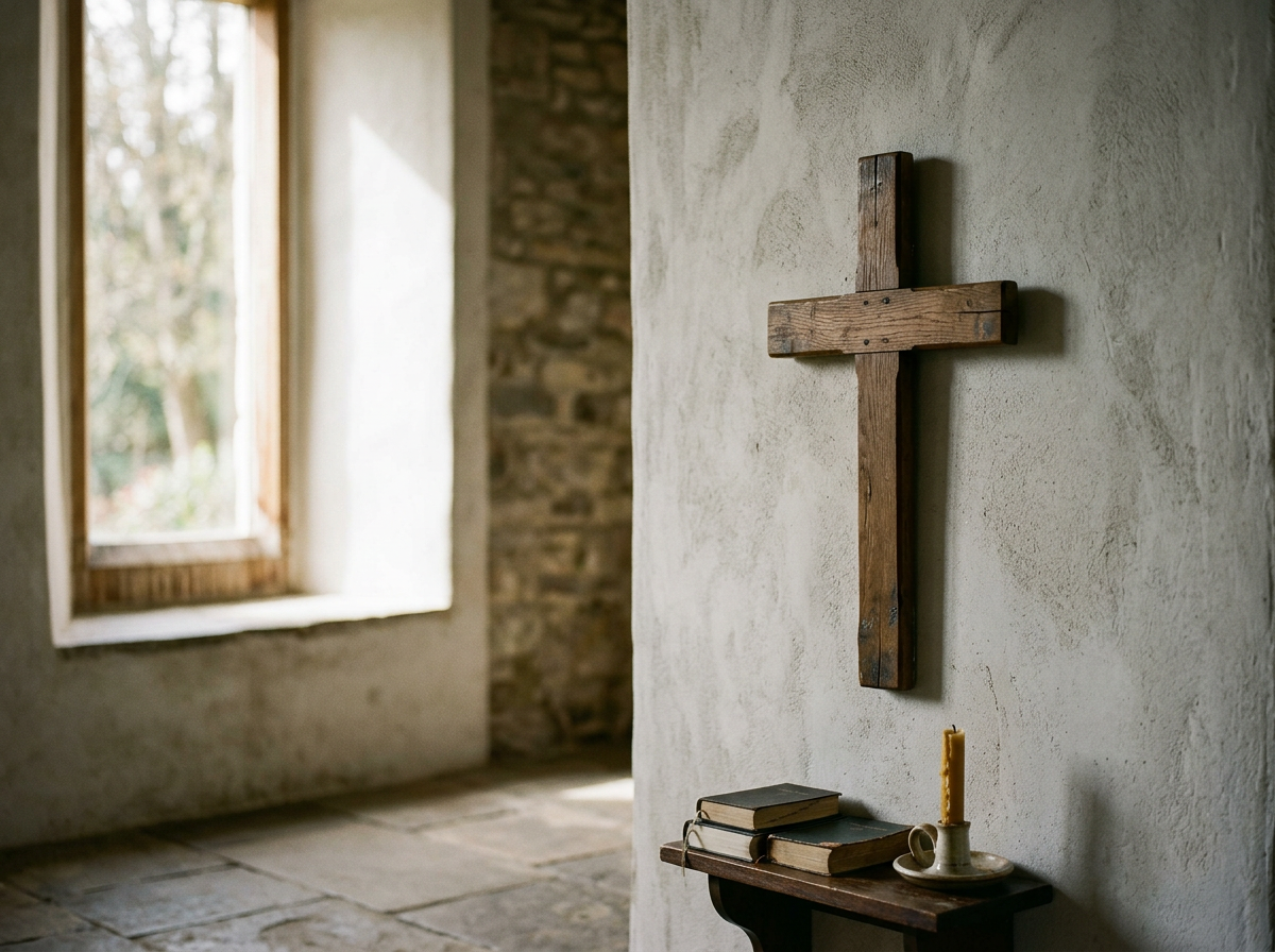 A wooden cross on a white textured wall near a window with sunlight, and a small wooden shelf below holding books, a candle, and a cup.