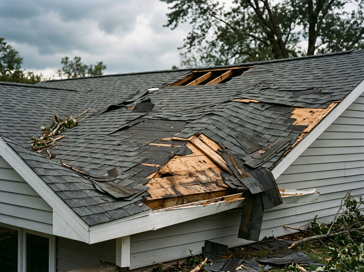 A house roof with damaged and missing shingles, exposing the wooden underlayment beneath, and debris including branches on the roof.