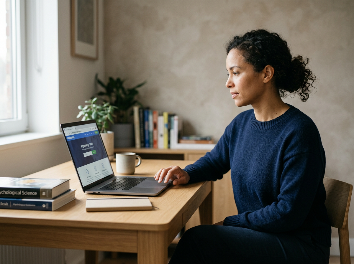 A woman with curly hair wearing a navy sweater sitting at a wooden desk using a laptop, with books, a mug, and a plant on the desk in a well-lit room.