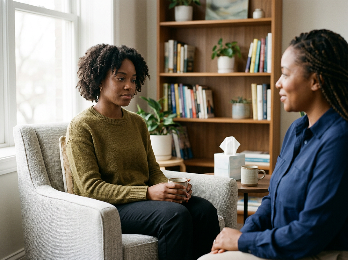 Two women sitting and talking in a cozy, well-lit room with a bookshelf and houseplants in the background.