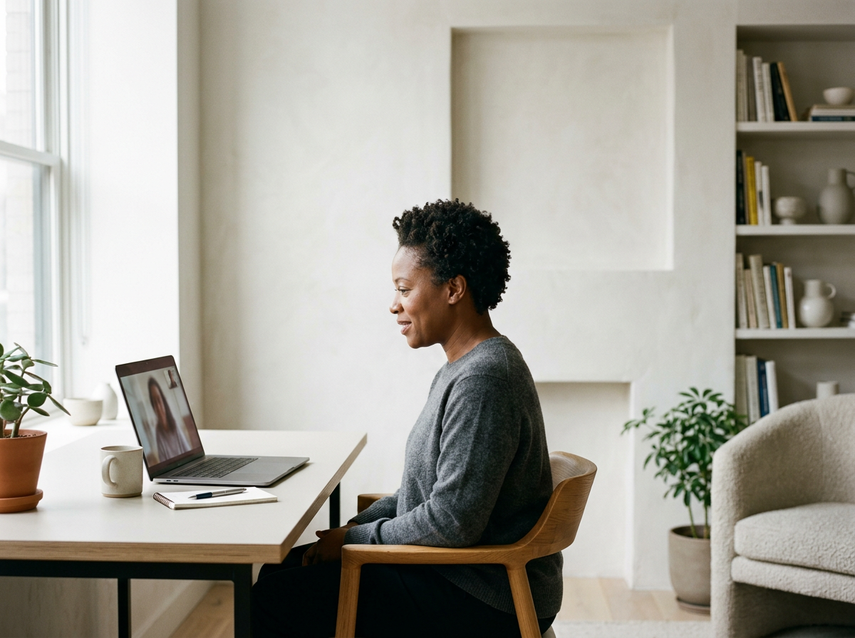 Woman participating in a video call on her laptop in a well-lit home office with plants and books.