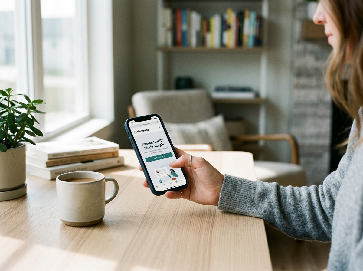 A woman in a gray sweater holds a smartphone displaying a mental health app called Headway, sitting at a wooden table with a cup of coffee, a potted plant, and a stack of books, in a cozy room with natural light.