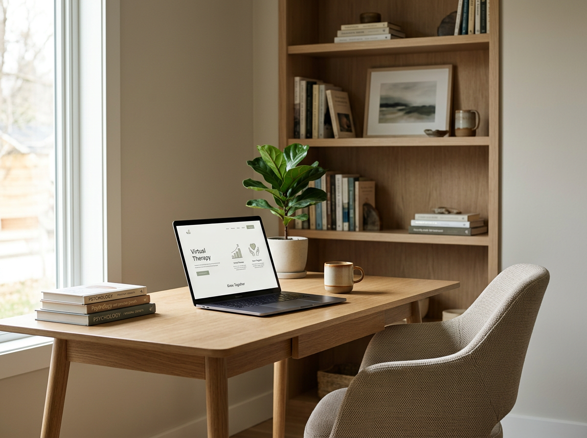 Home office desk with a laptop, a stack of psychology books, a mug, a potted plant, and a bookshelf in the background near a window.
