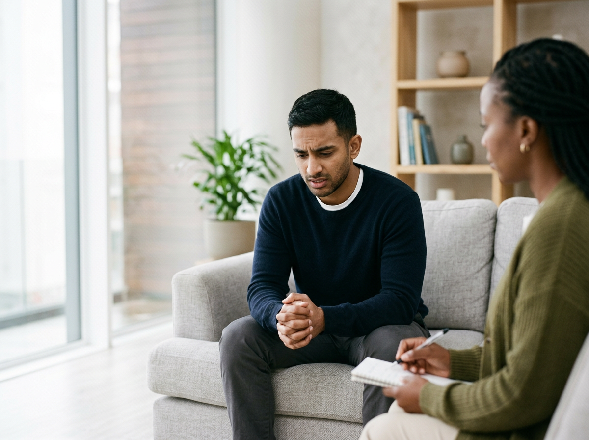 A man sitting on a light gray sofa, looking distressed, in a therapy session with a woman therapist taking notes.