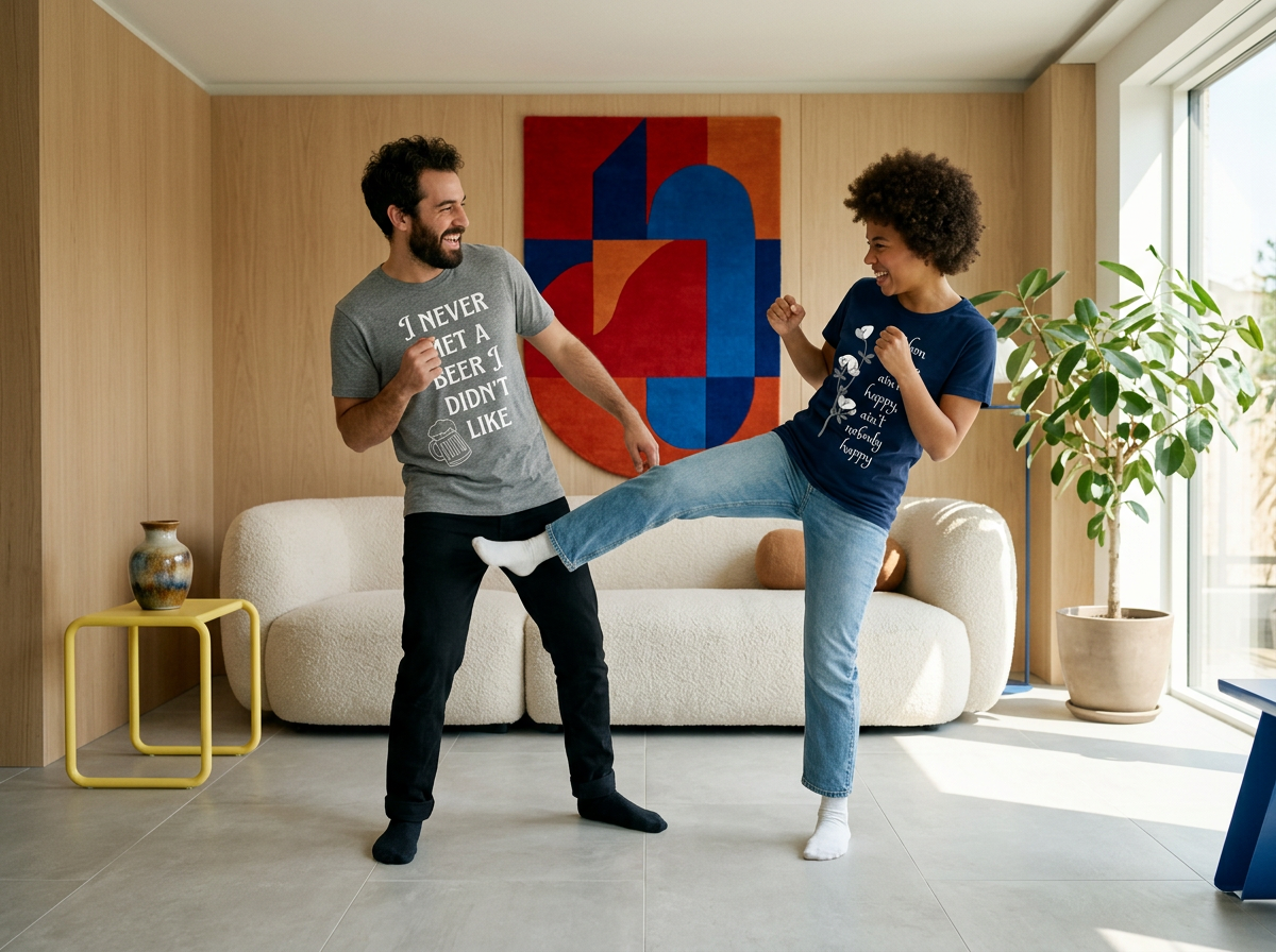 Two people are playing or joking around inside a living room. One person, with a beard, is standing, wearing a gray T-shirt and black pants, smiling and holding the other person's leg. The other person, with curly hair, is kicking or raising their leg, wearing a blue T-shirt and jeans, also smiling. The room has a beige couch, a potted plant, and artwork on the wall.