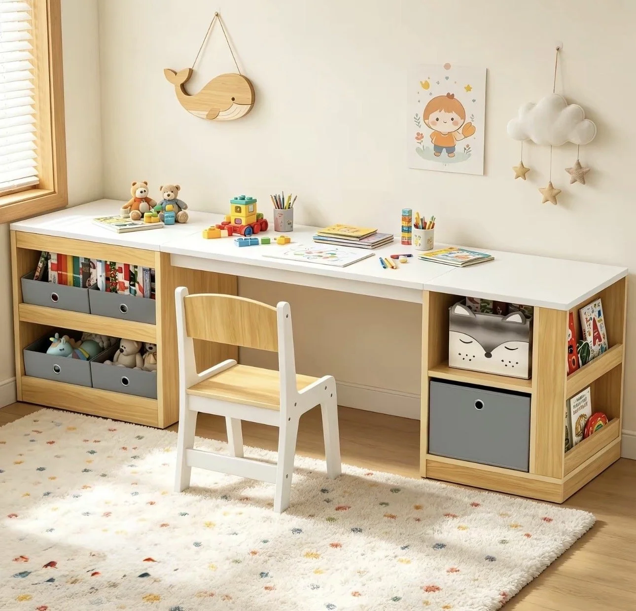 169 .99 - Modern Kids Study Desk & Chair Set, Natural & White ,Long Toddler Craft Activity Table with Open Cubbies & Pull-out Drawers, Single Child Workstation for Writing, Drawing, Toy Organization, Playroom & Bedroom