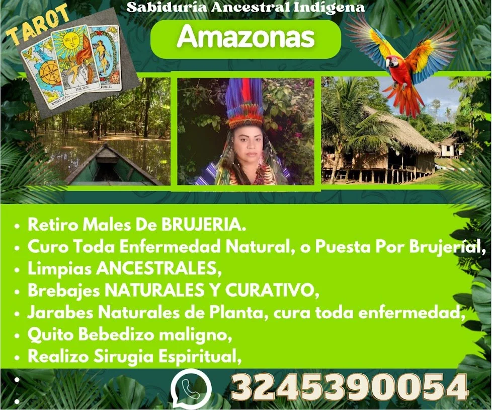 Anuncio de sabiduría ancestral indígena en la Amazonía, incluyendo imágenes de tarjetas de tarot, un río en la selva, una mujer indígena con vestimenta tradicional, una choza en la selva, un loro de colores y un lugar de la Amazonía.
