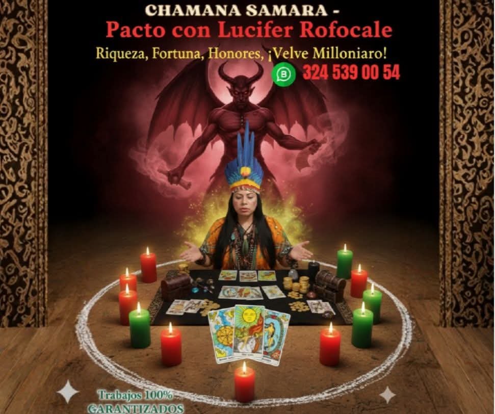 Cartel con anuncio de brujería y pacto con Lucifer Rofocale, con una mujer en ceremonia, rodeada de velas, objetos místicos y cartas de tarot, con un demonio en la ilustración de fondo y textos que prometen riqueza, fortuna y honores.