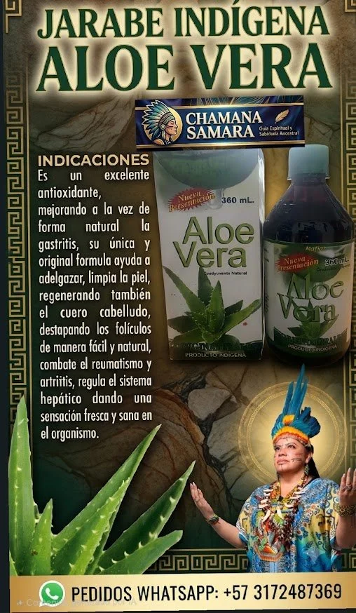 Publicidad de jarabe indígena de aloe vera con una botella y caja, fondo con un simbolismo cultural, y una mujer con vestimenta tradicional indígena en la parte inferior derecha.