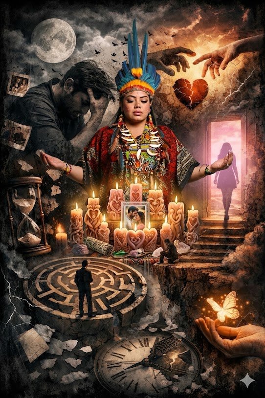 Una imagen mística y simbólica con una mujer vestida con ropa tradicional, adornada con un collar y un tocado con plumas. En el fondo, elementos como la luna llena, birretes y una puerta con luz, junto con figuras humanas y animales, rocas y relojes que representan el paso del tiempo, el destino y la espiritualidad.