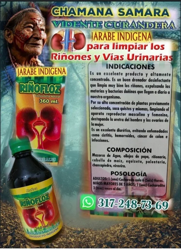 Publicidad de un remedio llamado Rinoflaz en caja y botella, para limpiar los riñones y vías urinarias, presentando una imagen de un anciano indígena y un dibujo de riñones. Incluye instrucciones, composición y número de contacto.