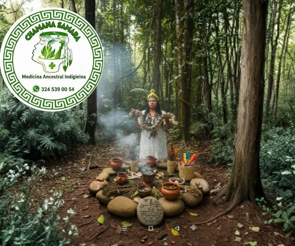 Mujer en un bosque realizando un ritual con objetos tradicionales y ofrendas, rodeada de plantas y árboles.