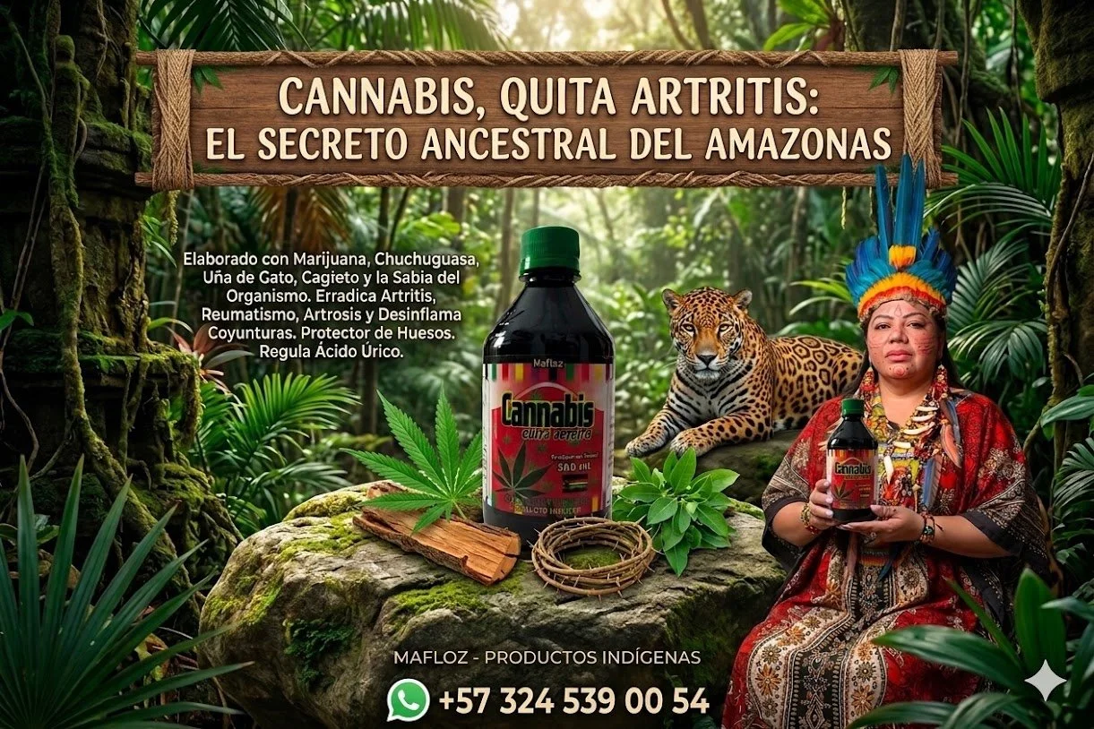 Publicidad de un producto llamado 'Cannabis cura artritis' en una selva amazónica, con una mujer indígena sosteniendo la botella del producto, un jaguar y plantas tropicales alrededor.