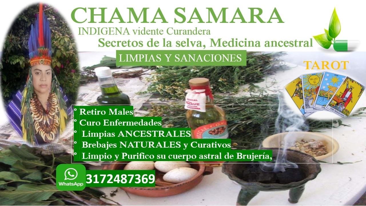 Anuncio de limpiezas y sanaciones con chamanismo, tarot y medicina ancestral, con una mujer indígena con vestimenta y tocado tradicional, plantas, frascos de hierbas, cartas de tarot, y un altar con incienso y piedras.