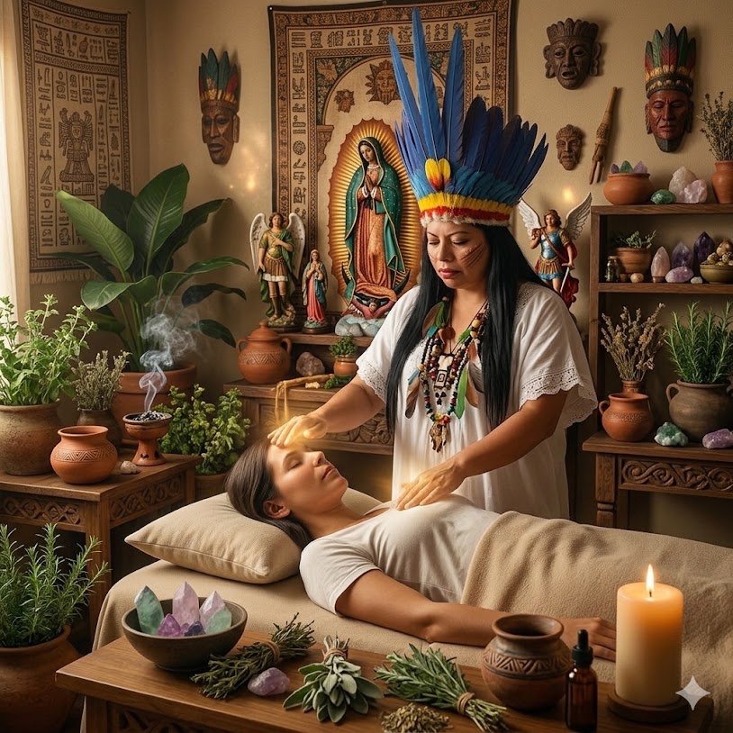Mujer en ritual de sanación chamánica con hembra indígena en un altar decorado con plantas, figuras religiosas, cristales y velas, en un ambiente espiritual y tradicional.