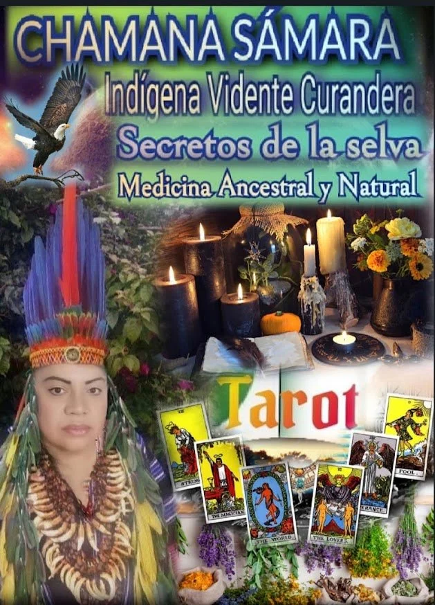 Cartel que promueve un libro o guía de la chamana pamamera, indígena vidente y curandera, con secretos de la selva, medicina ancestral y natural. Incluye imágenes de velas, flores, cartas de tarot, una mujer indígena con vestimenta tradicional y un ambiente místico.