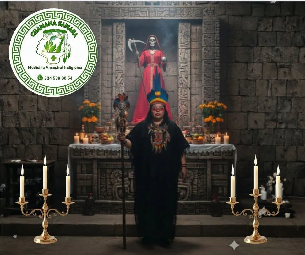 Una mujer vestida con ropa tradicional indígena, con un tocado colorido, de pie frente a un altar adornado con velas, flores, calaveras y ofrendas, en un espacio con paredes de piedra y un altar mayor con una figura religiosa o espiritual en el fondo.