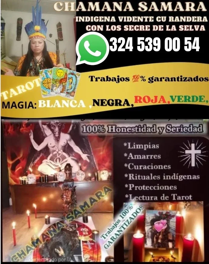 Publicidad de servicios espiritistas y de tarot de Chamana Samara, con imagen de una mujer con un tocado indígena, cartas de tarot, velas y símbolos religiosos.