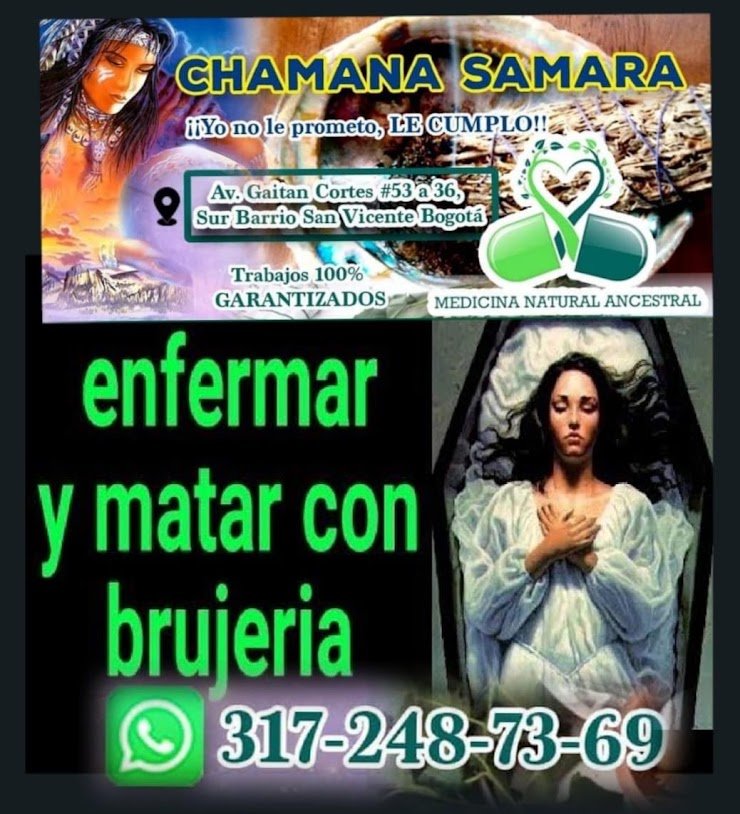 Anuncio que ofrece servicios de santería para enfermar y matar con brujería, con un número de WhatsApp y una dirección en Bogotá, Colombia.