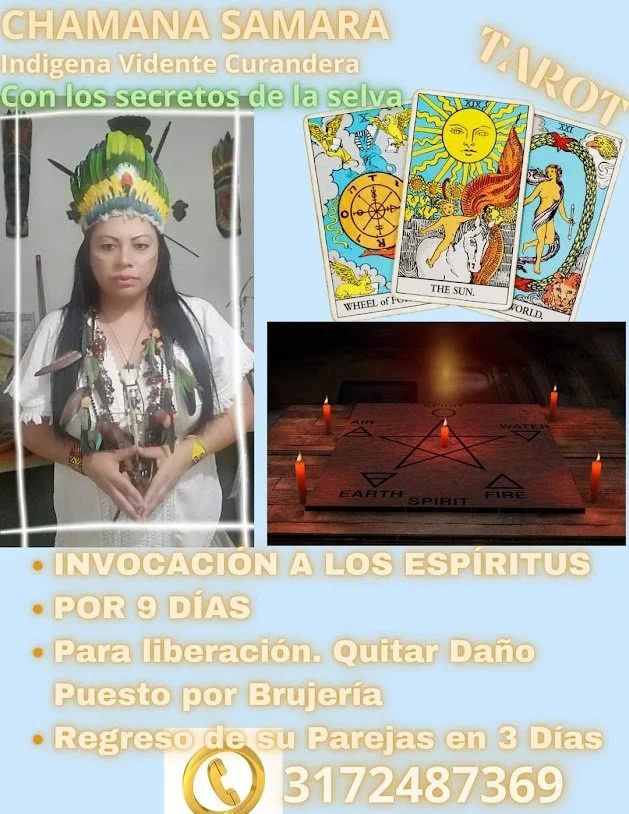 Imagen promocional de una chamana indígena con corona de plumas, cartas de tarot y símbolos de los cinco elementos en un altar, promoviendo rituales de invocación espiritual y limpieza, con números de contacto.