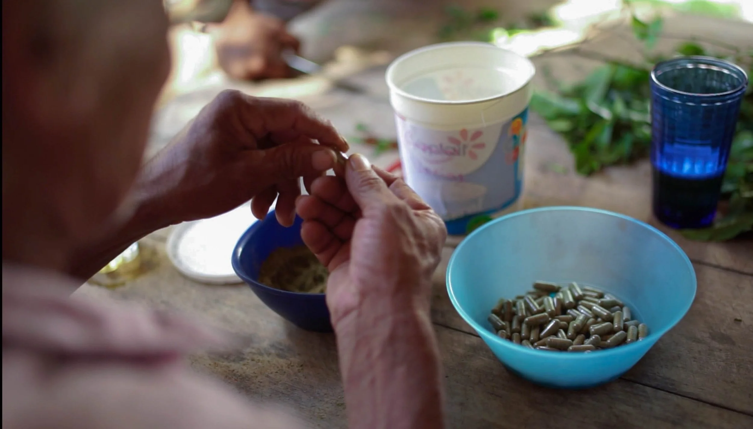 A pair of hands is packing capsules filled with green powder on a table