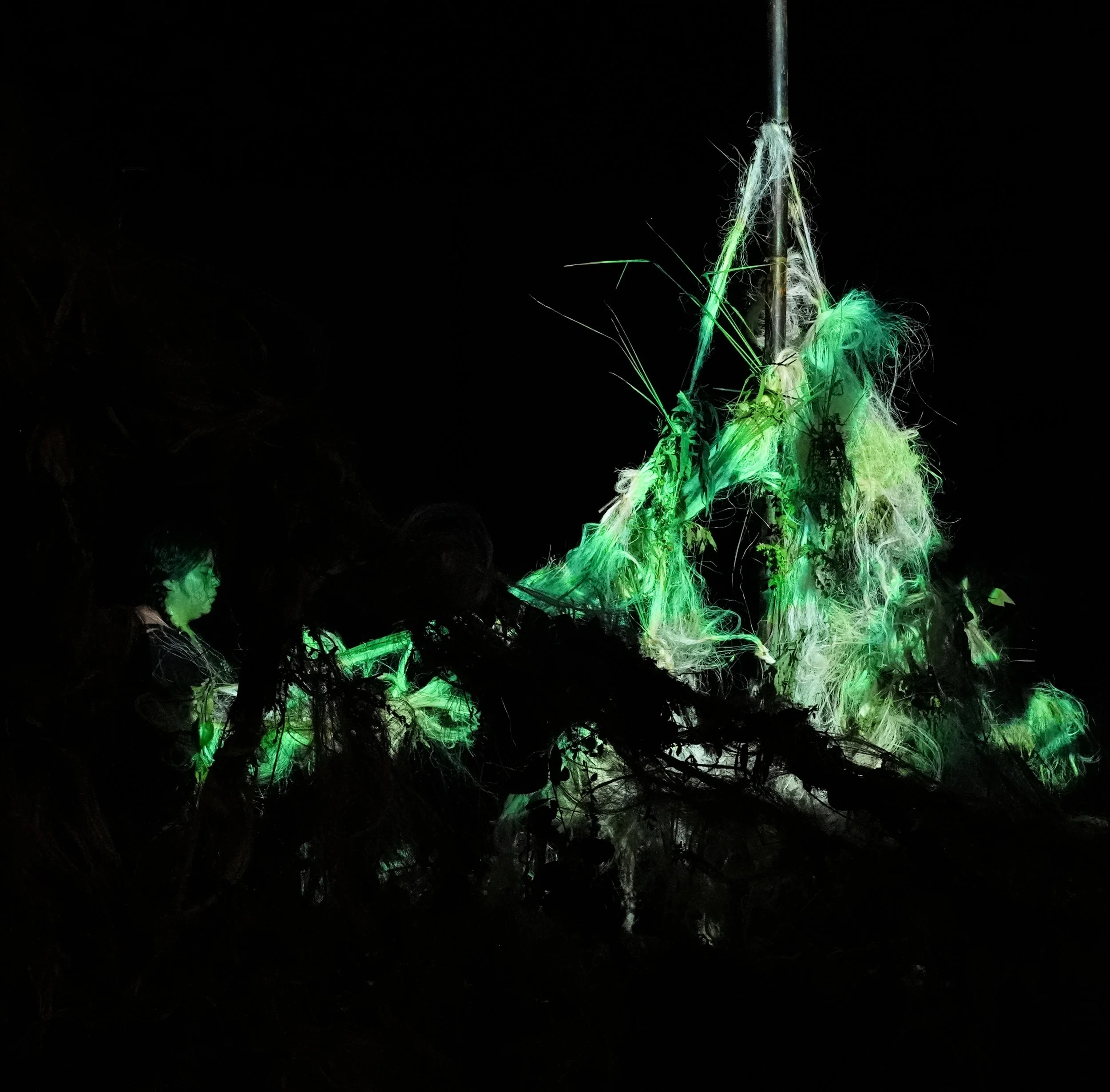 Detail of the woven Agave installation; a performer is weaving