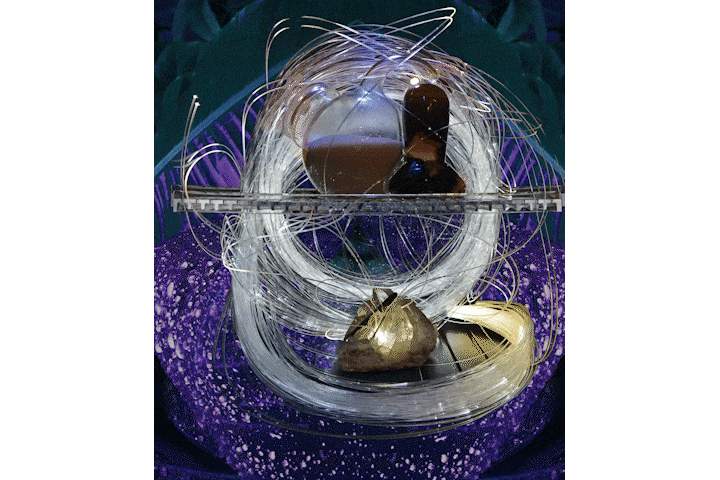GIF of the flying cream with a background of a leaf mandala and a crystal that flashes on and off
