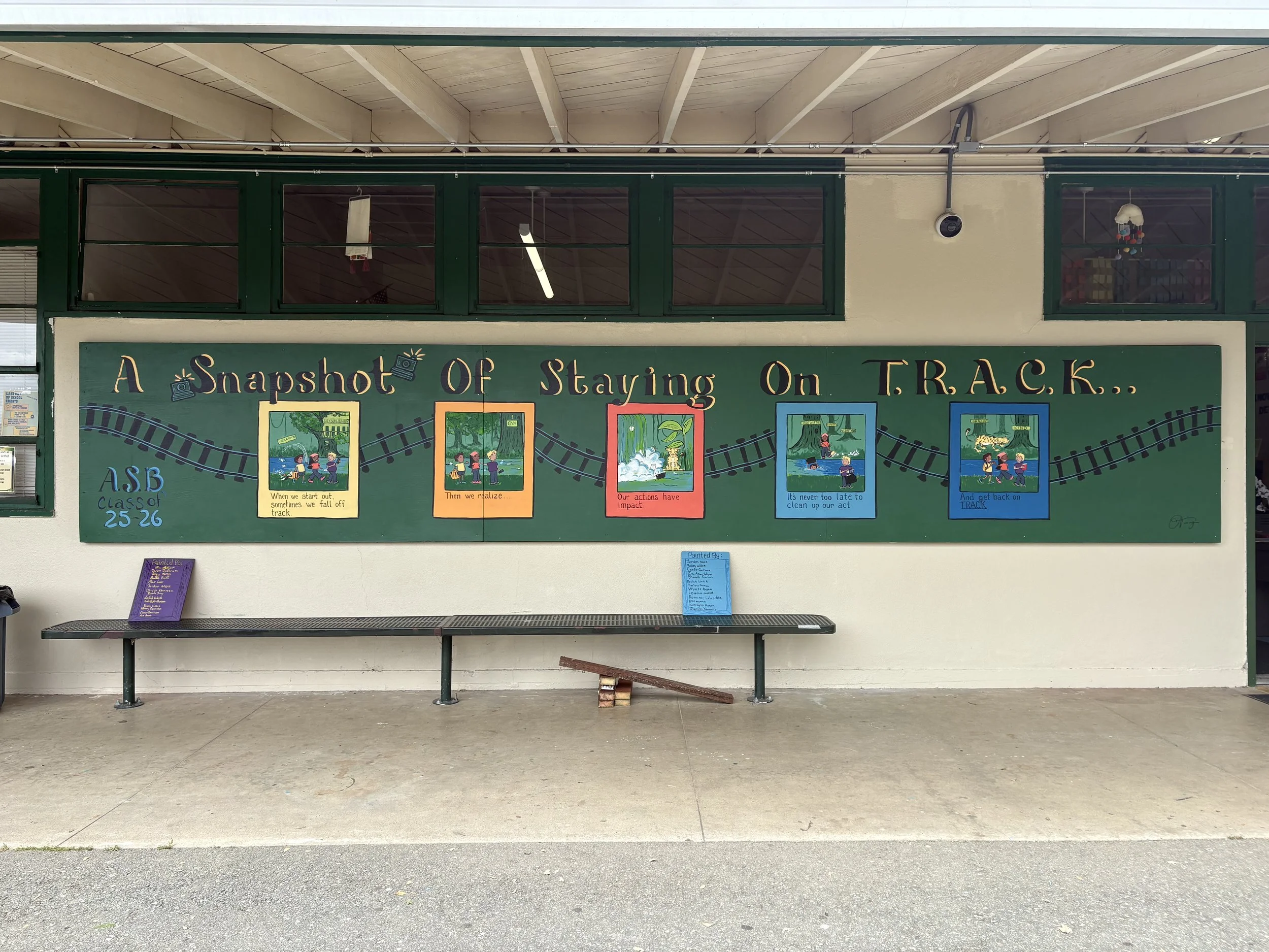 An image of a mural on the side of a junior high school library, it says "A Snapshot of Staying on TRACK" Jackson Junior Highs moto. It depicts polaroid shots of a comic strip telling the story of staying on track in school