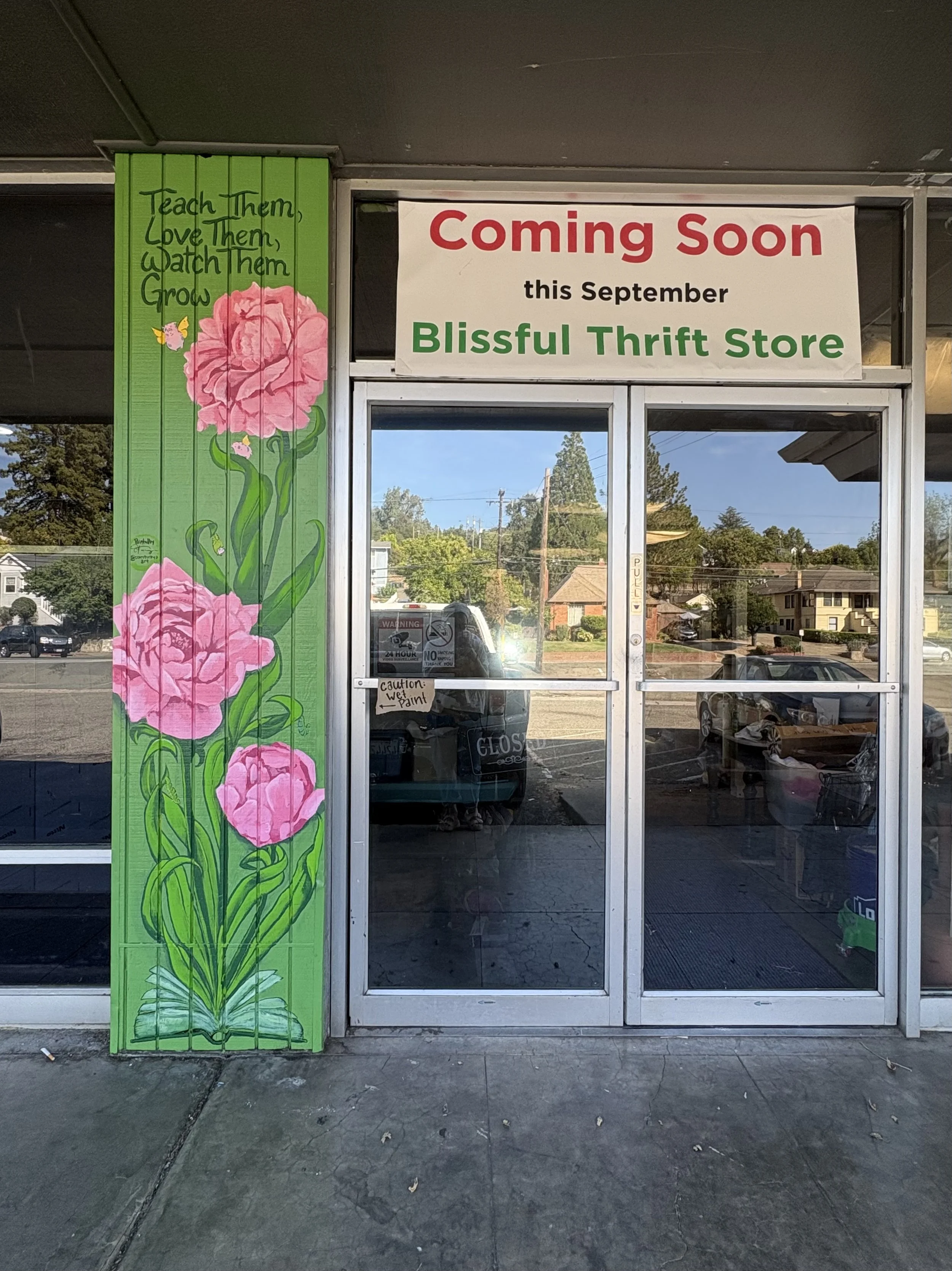 Whimsical floral mural with vibrant pink peonies, growing from a book at the foot of the mural and topped with the quote "teach them, love them, watch them grow" the artwork seamlessly ties into the clients mission for their non profit store