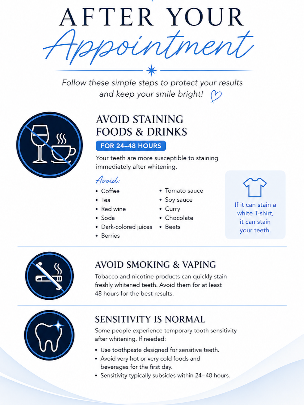 Post-wedding dental care tips including avoiding staining foods and drinks, avoiding smoking and vaping, and understanding sensitivity after teeth whitening.