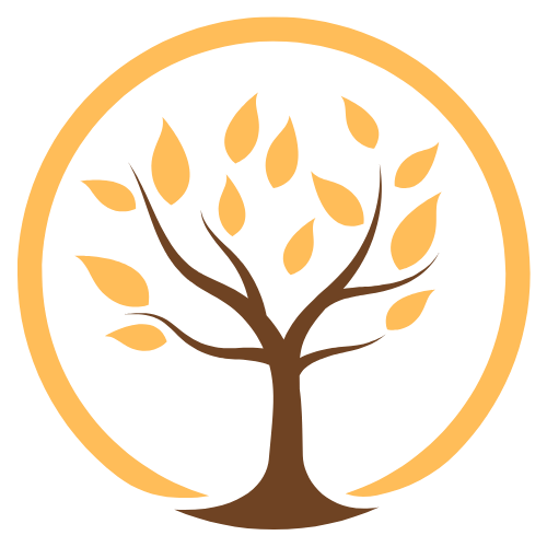 A stylized tree with brown branches and leaves inside a circular frame.