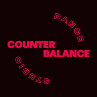 Asymmetrical logo with text 'COUNTER BALANCE DANCE STUDIO' in red on a black background.