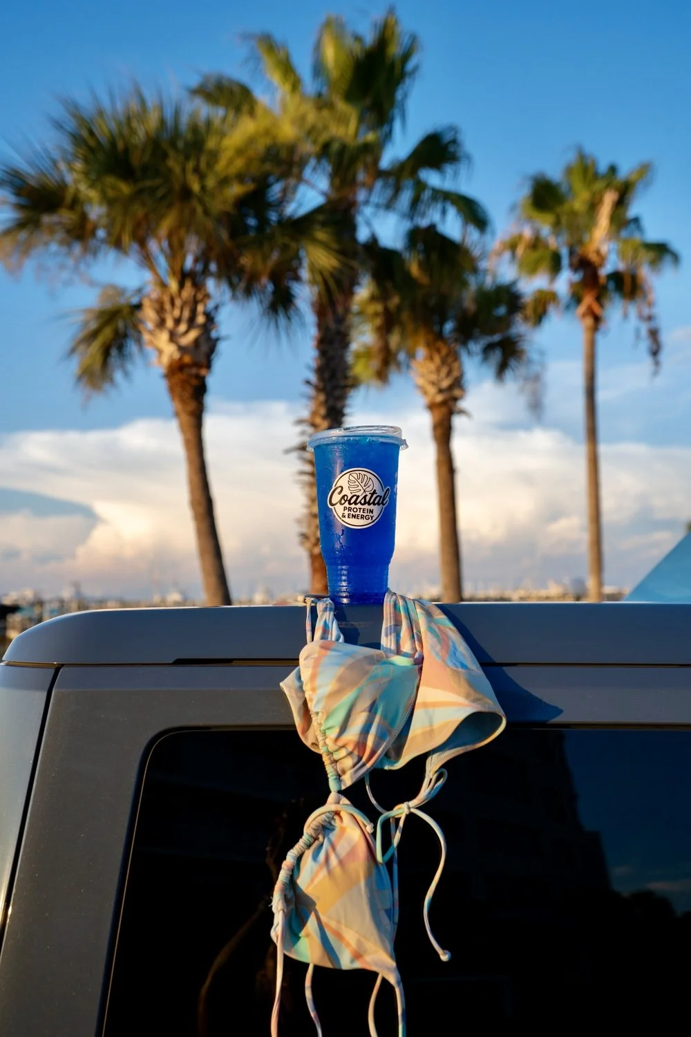 An energy tea labeled 'Coastal Protein & Energy' resting on a car roof with a scrunchie tied around it. Palm trees and a sunset sky are in the background.